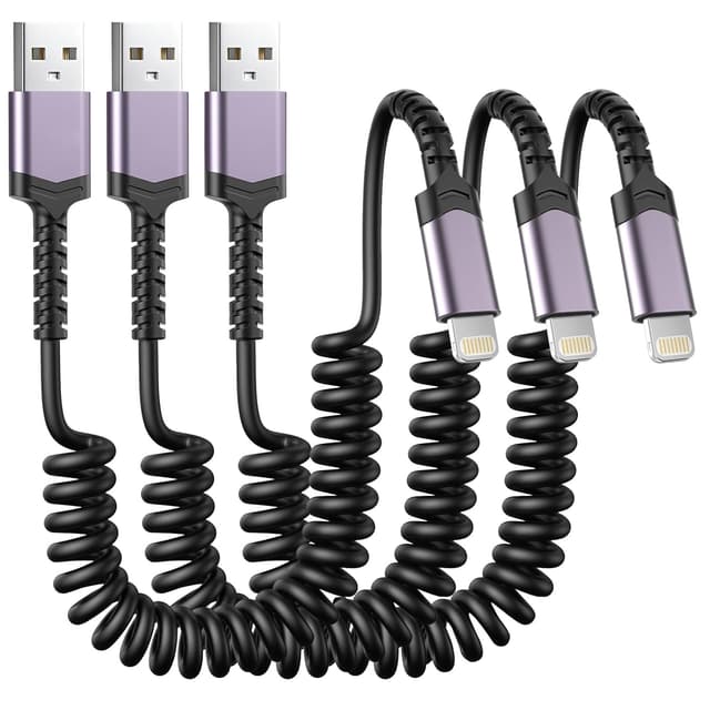 Detalle de 3-Pack Coiled Lightning Cable for Car (MFi Certified) USB-A to Lightning Retractable iPhone Charger