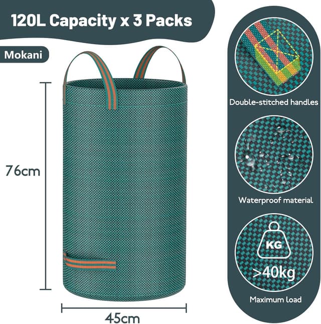 Detalle 2 de Mokani sacchetti per rifiuti da giardino da 120 l (con manici) – 3 sacchi riutilizzabili e pieghevoli