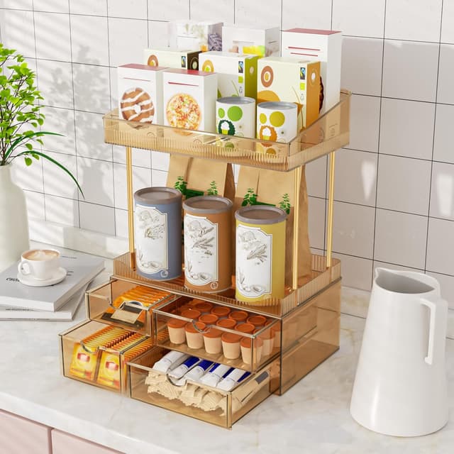 Detalle 2 de StowBin Makeup Organiser with 2 Shelves & 4 Drawers (Transparent Tawny)