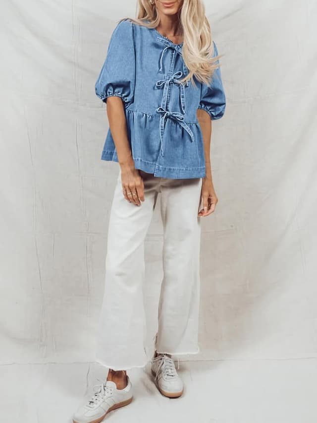 Detalle de Tankaneo Women’s Denim Tie Front Babydoll Peplum Puff Sleeve Jean Shirt
