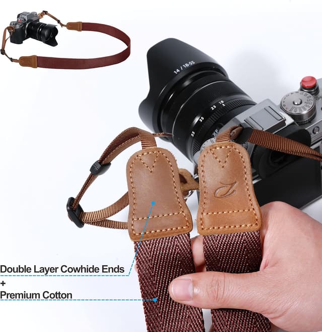 Detalle 2 de Padwa Lifestyle Burgundy Red Camera Strap – Double-layer Crazy Horse Cowhide Ends, 1.5" Wide Cotton Strap