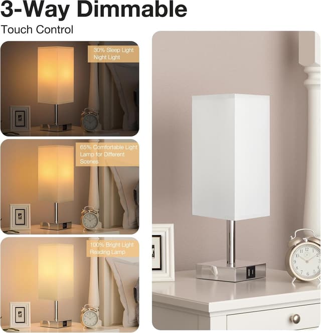 Detalle 2 de Aooshine Bedside Lamp with Touch Control and Dual USB A+C Charging (3-way dimmable, white fabric shade)