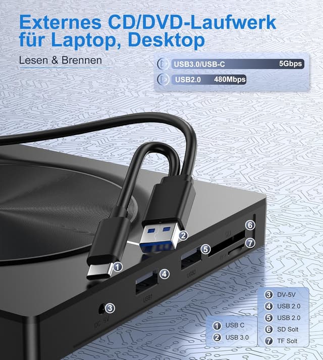 Detalle de Externes CD/DVD-Laufwerk USB 3.0 (Typ-C) mit SD/TF-Kartenleser und 2× USB-A – portable RW für Laptop & Desktop