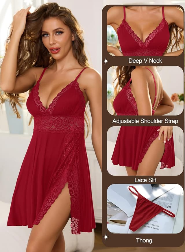 Detalle 2 de Nuisette babydoll Lovasy en dentelle et modal avec fente sur le côté et string assorti