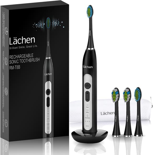 Detalle de Lächen Sonic elektrische Zahnbürste (Schallzahnbürste) mit Timer, 4 Aufsteckbürsten & Reisetasche – B-Schwarz