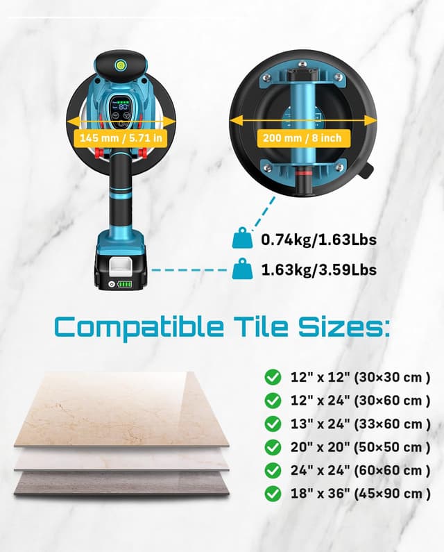 Detalle de SEESII Kit Pro Vibratore per piastrelle da 145 mm con ventosa 8" e 2 batterie 2000 mAh