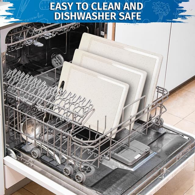 Detalle 2 de DIFULI Schneidebrett Set 3-teilig Granitoptik (PP, BPA-frei) mit Saftkanal, Griff und rutschfesten Silikonaufklebern