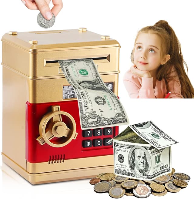 Detalle de YUNYODA Elektronische Sparbüchse für Kinder mit 4-stelligem Passwort und automatischer Münz-/Geldschein-Aufnahme