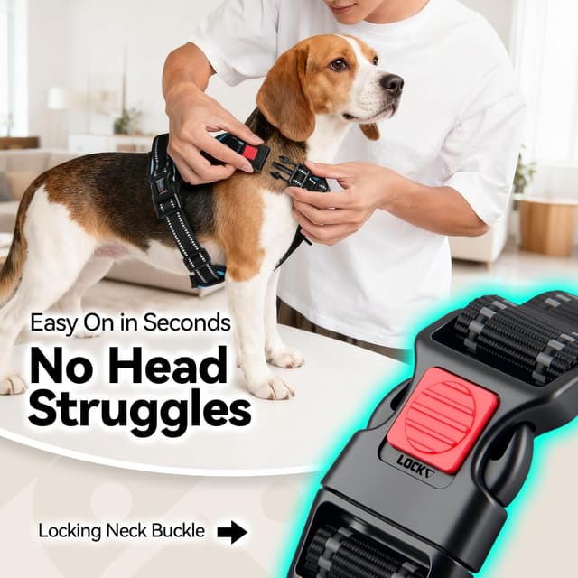 Detalle de PHOEPET No Pull Dog Harness with Neck Buckle, Reflective Strips and Grab Handle (Blue, M)