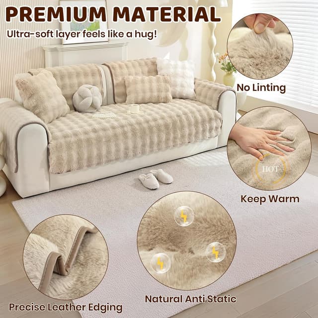 Detalle de Housse de canapé Royhom en peluche épaisse antidérapante (kaki clair, 70 x 150 cm)