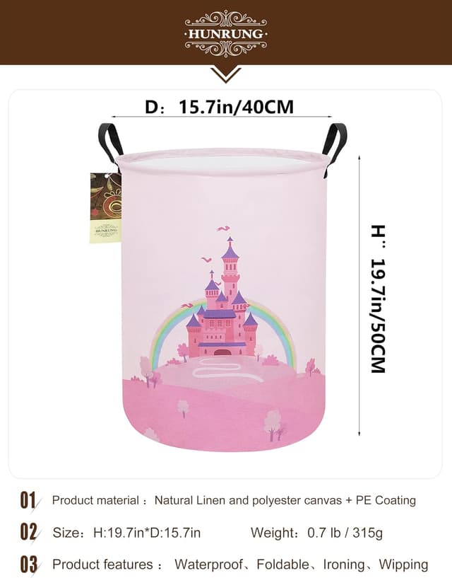 Detalle 2 de HUNRUNG Laundry Hamper (Large) Canvas Storage Basket – collapsible waterproof round bin for dorms, kids & laundry