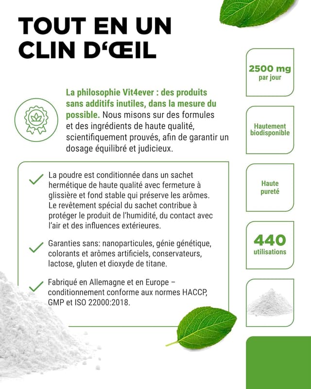 Detalle 2 de Vit4ever Poudre de MSM 99,9% (1 kg) – méthylsulfonylméthane cristallin, maille 40–80