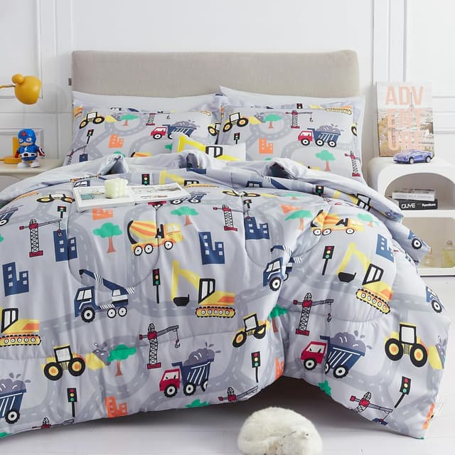Detalle de Mooreeke Kids Twin Comforter Set (6-Piece) in Excavator Grey – Microfiber Bedding “In a Bag”