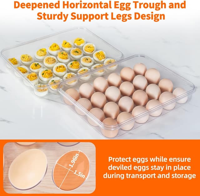 Detalle de MesRosa 2-Pack Deviled Egg Containers with Lid and Handle (Holds 48 Eggs) — Stackable Clear Plastic Carrier, White