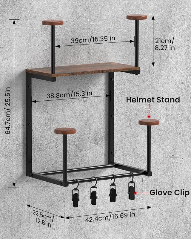Detalle 2 de THYGIFTREE Helmhalter Wandhalterung für Motorradhelm – Wandaufhängung mit Schublade und Plattenständer (braun)
