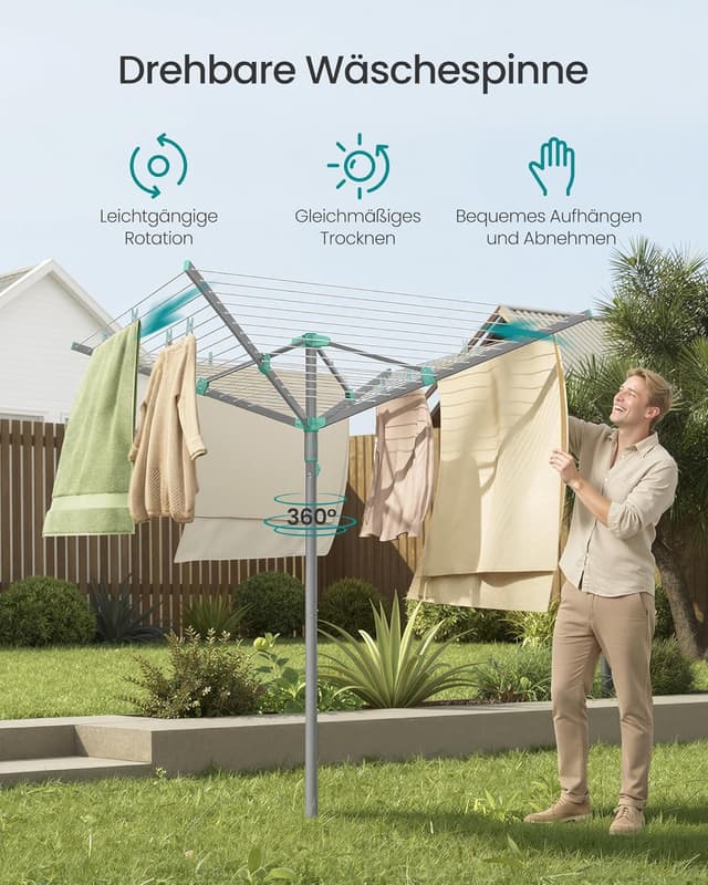 Detalle de SONGMICS Wäschespinne LLR307EZ01 mit 50 m Wäscheleine, drehbar & klappbar – für draußen mit Schutzhülle
