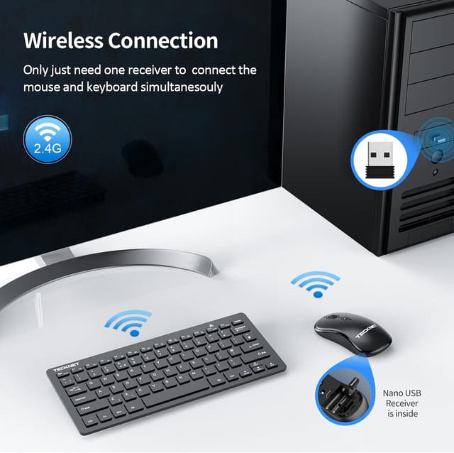 Detalle 2 de TECKNET Mini Wireless Keyboard and Mouse Set 12 Multimedia Shortcuts
