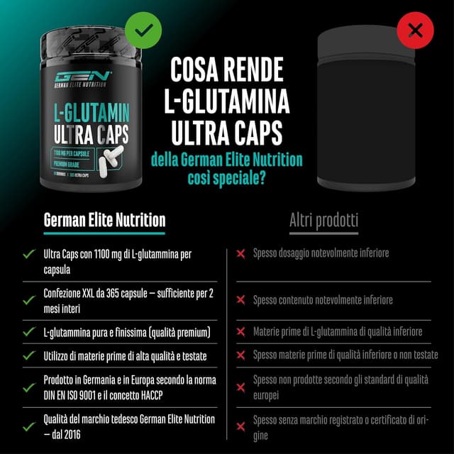 Detalle de L-glutammina Ultra Caps (365 capsule da 1100 mg) – L-glutammina pura in capsule ad alto dosaggio