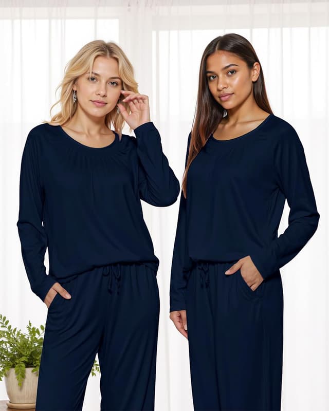 Detalle de Uniexcosm ensemble de pyjama femme hiver en coton à manches longues (col ras du cou)