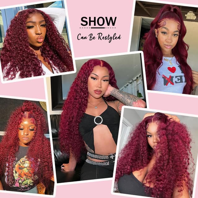 Detalle de bobili 30 Inch 99J Burgundy Deep Wave 13x6 HD Lace Front Human Hair Wig