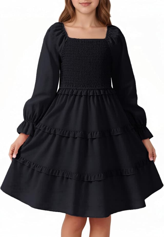 Detalle de JiAmy Girls Long Sleeve Tiered Party Dress (4–12 Years) with Side Pockets