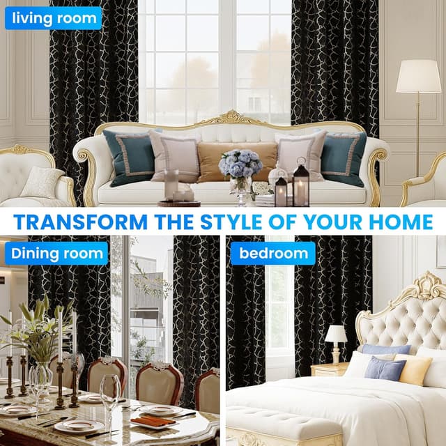 Thumbnail 6 de Ystyle Rideau occultant en velours noir avec motifs dorés (lot de 2) 140x245 cm