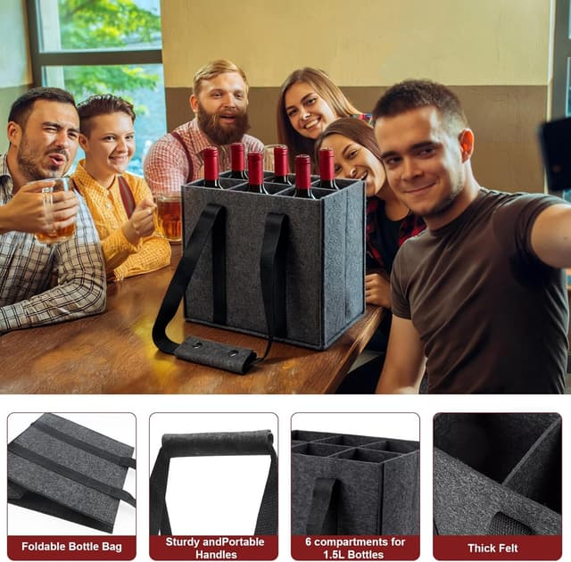 Detalle 2 de Flaschentasche für 6 Flaschen (2 Stück) aus Filz mit Griff – faltbar und mit wechselbarer Trennwand