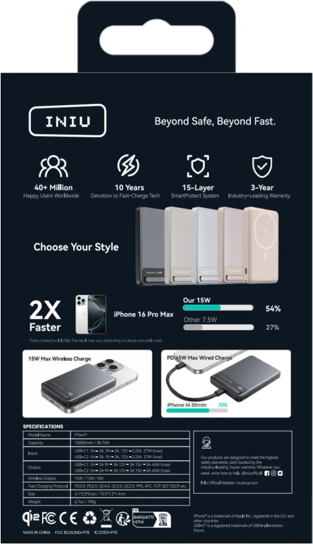 Detalle de INIU MagPro Ultra Slim 10.000 mAh Powerbank mit MagSafe-Qi2 für iPhone 12 und neuer
