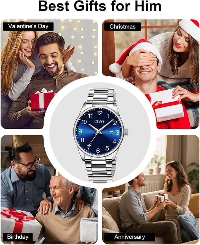 Detalle 2 de CIVO Herren-Armbanduhr aus Edelstahl mit Quarzwerk, analogem Zifferblatt und Datumsanzeige (41 mm)