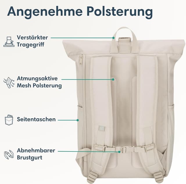 Detalle 2 de LARKSON Rolltop Rucksack Damen Groß Beige – No 2 Daypack für Schule, Uni & Fahrrad mit 16-Zoll-Laptopfach