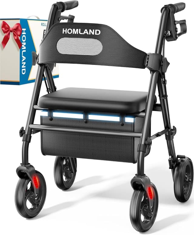 Detalle de HOMLAND Foldable Rollator Walker with Seat, 8" Big Wheels, 350 lb capacity (Black)
