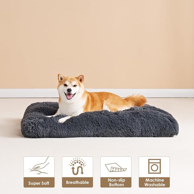 Detalle 2 de EHEYCIGA Fluffy Dog Crate Bed (Large) – Calming anti-anxiety washable crate mattress, dark grey, 90x60x9cm