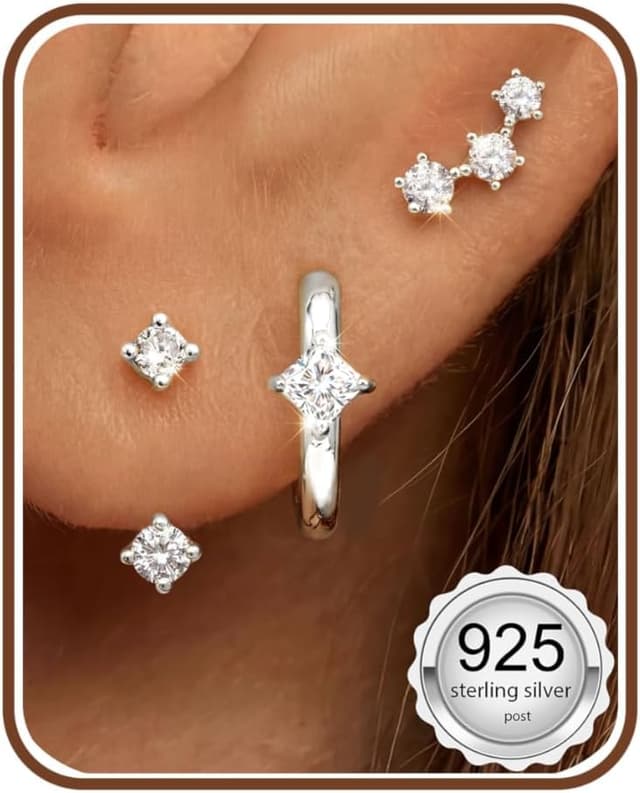 Detalle de JeweBella 3er-Set Ohrringe aus Sterlingsilber 925: Ohrstecker & Creolen mit Zirkonia (vergoldet) für Damen