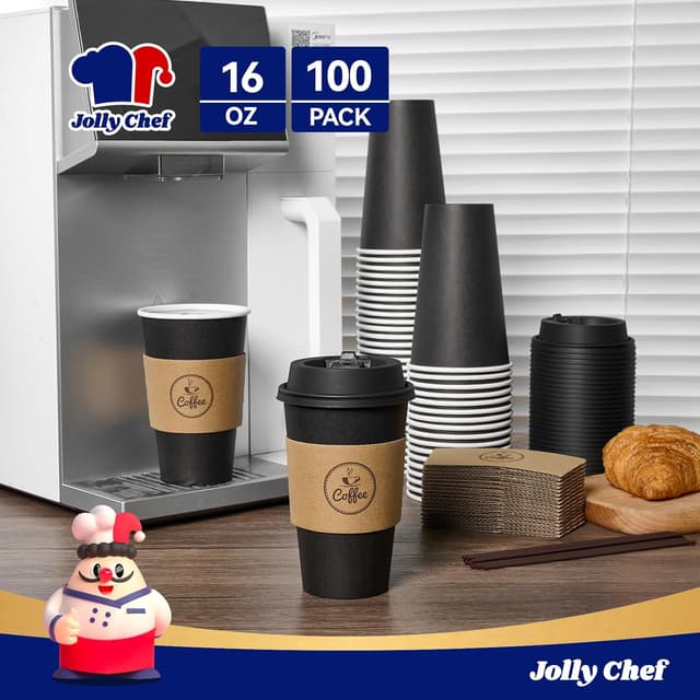 Detalle 2 de JOLLY CHEF 16 oz Disposable Black Hot Paper Coffee Cups (100-Pack) with Lids, Kraft Sleeves & Stirrers