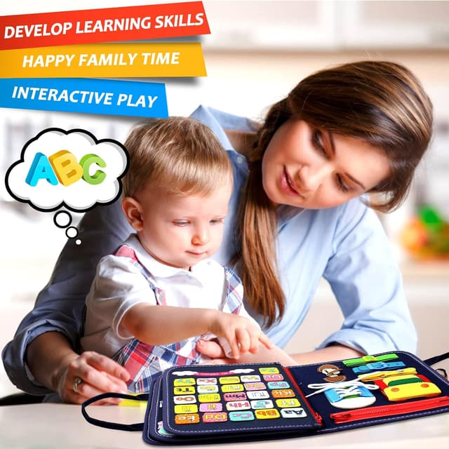 Detalle de Qizfun Montessori Busy Board & Busy Book for Toddlers (Blue/P4) – Screen-Free Travel Sensory Learning Toy