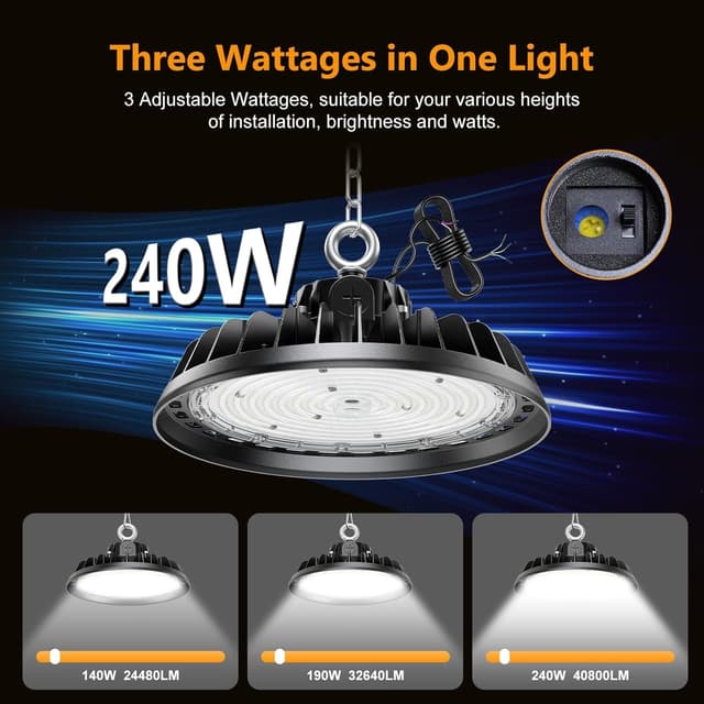 Detalle de RUISUN LED Hallenstrahler 240 W (IP65) – dimmbar, 6.000 K, 40.800 lm UFO High Bay