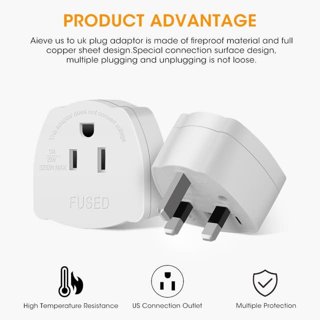 Detalle 1 de AIEVE US to UK Plug Adapter 2-Pack