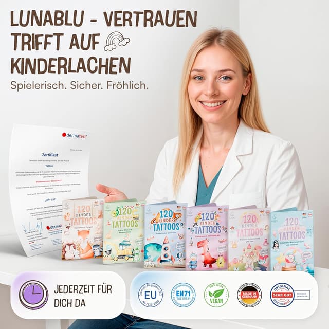 Thumbnail 6 de Lunablu 120 hautfreundliche Kinder Tattoos (dermatologisch zertifiziert) – bunte Tier-Motive, Made in Germany