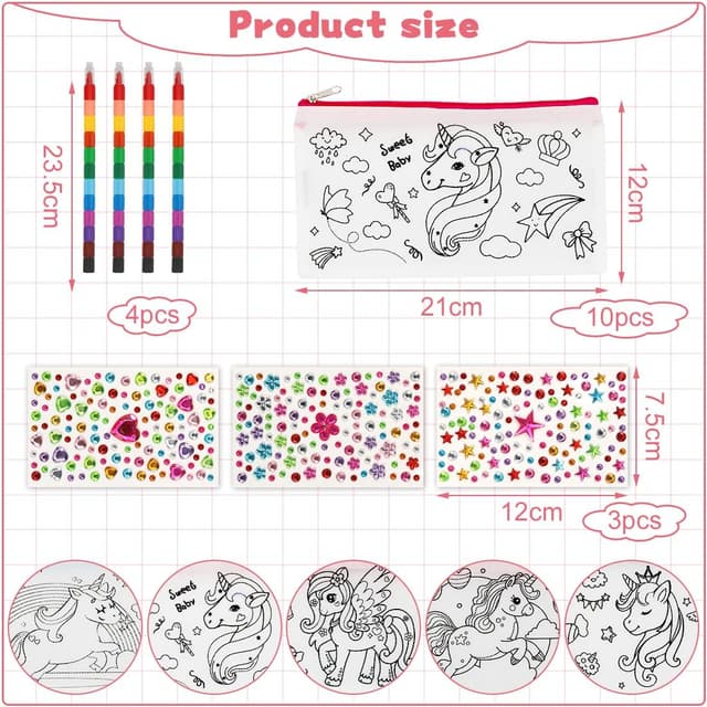 Detalle 2 de Aurasky Einhorn Federmäppchen zum Bemalen mit Stoffbeutel, 10 DIY-Malsets & 4 stapelbare Wachsmalstifte (12 Farben)