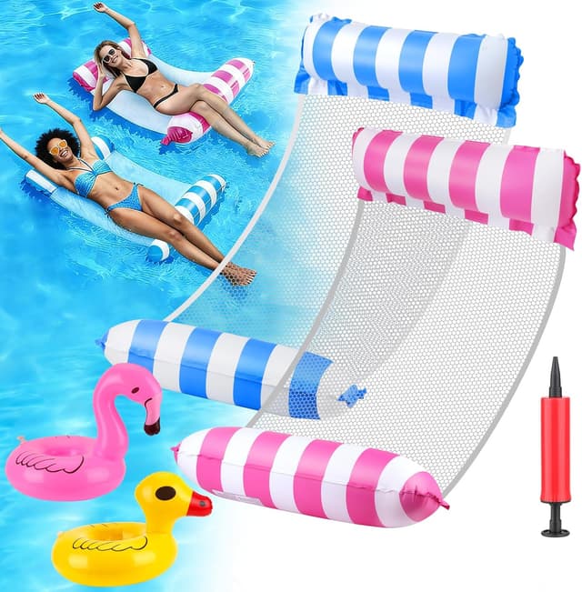 Detalle de 2 Pack Netted Lilo Pool Inflatables with Pump and Drink Holders (2 Water Hammocks, 4-in-1 Hammock Floats)