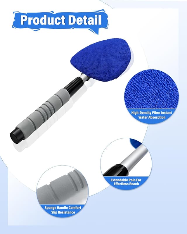 Detalle 2 de JHCHAN car inside windscreen cleaner tool with extendable handle, triangular head and 5 microfibre cloths