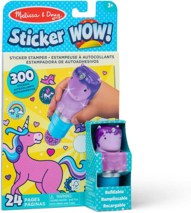 Detalle de Melissa & Doug Sticker Wow 24-seitiger Aktivitätenblock mit Aufkleberstempeln (Glitzer-Einhorn) – 300 Sticker