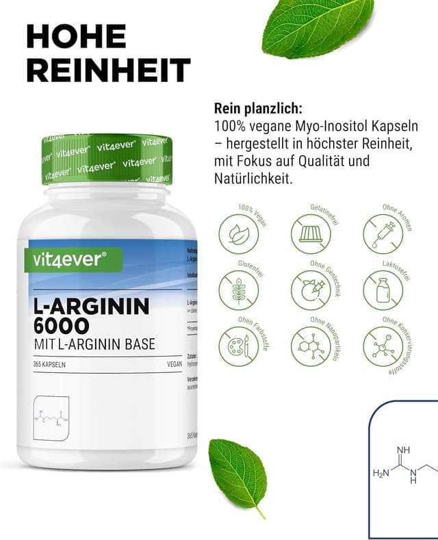 Detalle de vit4ever L-Arginin 6000 mg – 365 Kapseln (reines L-Arginin Base, vegan)