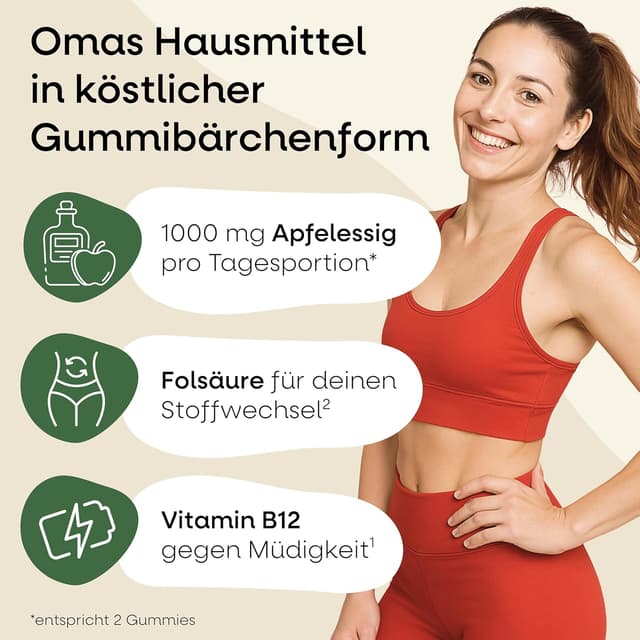 Detalle 2 de Apfelessig Gummies mit 1.000 mg Apfelessig-Komplex, Vitamin B12 & Folsäure – vegane Gummibärchen (60 Stk)