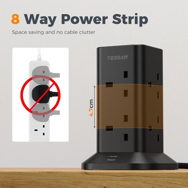 Detalle de TESSAN Tower Black Extension Lead with 2 USB-C slots, 8-way surge protected power strip (2m)