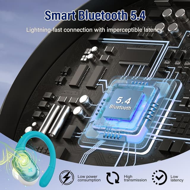 Detalle 2 de Qecnato Wireless Earbuds Bluetooth 5.4 with 75H Playtime, Earhooks, LED Display, 4-Mic ENC (IP7 Waterproof) — Blue