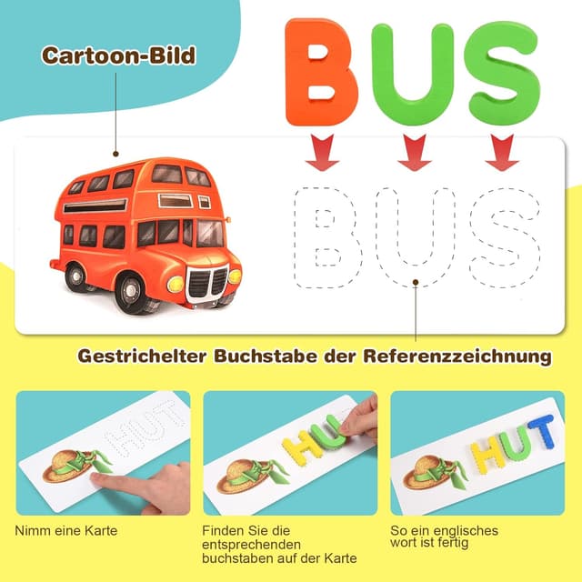 Detalle de Qukir Buchstaben-Lernspiel: Montessori Alphabet mit 65 Holzbuchstaben & 30 Karten