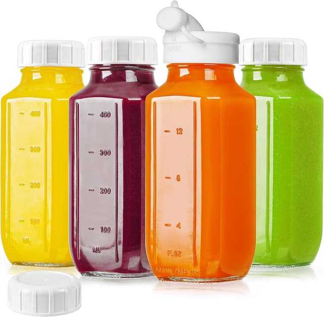 Detalle de Absovetu 4 Pack Glass Juice Bottles with Airtight Lids, 500 ml (16oz) reusable glass milk and drink containers