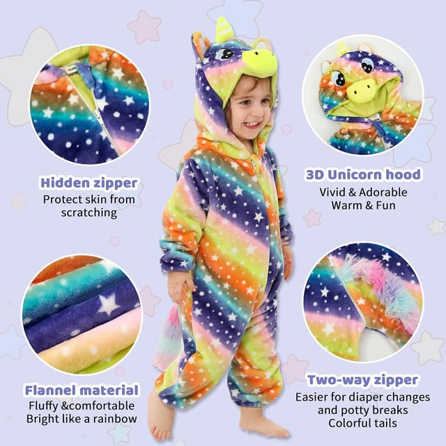 Detalle 2 de Costume bébé licorne arc-en-ciel LOLANTA : combinaison une pièce en peluche avec capuche animale
