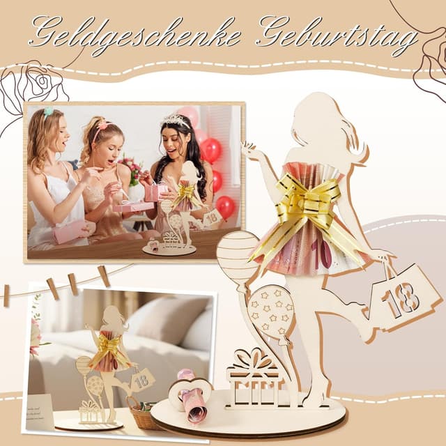 Detalle de Geldgeschenke Geburtstag Mädchen: Holzschild-Gästebuch zum 18. Geburtstag, personalisierbar (Naturholz, 20,6 × 16,6 cm)